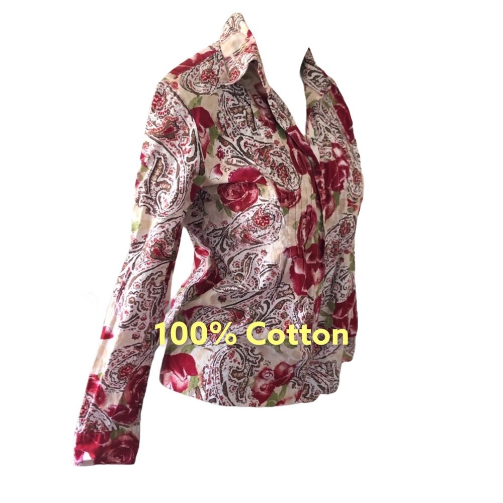 SOLD🟣 Charter Club 100% Cotton Blouse Button Down Floral - Picture 3 of 9